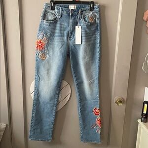 DRIFTWOOD High Rise Blue Jeans with Red Floral Embroidery